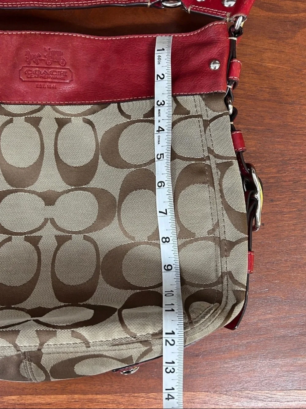Coach Signature Canvas Hobo with Red Leather Trim